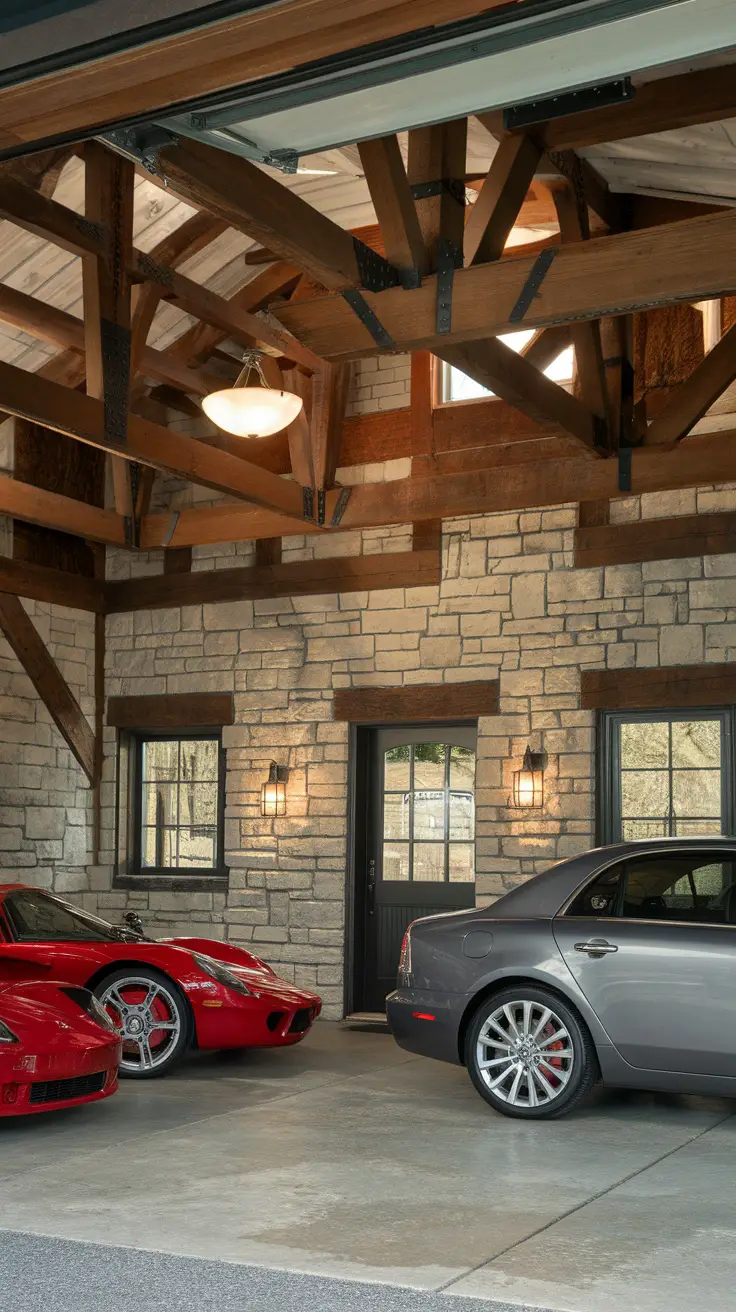 Rustic elegant garage with wooden beams and stone walls, featuring luxury cars.
