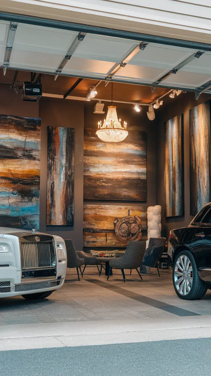 A luxurious automotive gallery with elegant cars and abstract artwork on the walls.