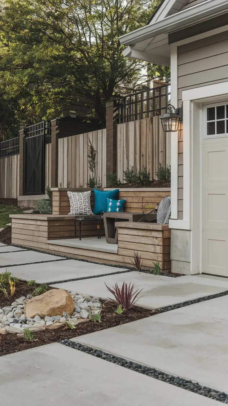 A built-in seating area is nestled near the front of the garage, surrounded by landscaping and a welcoming pathway