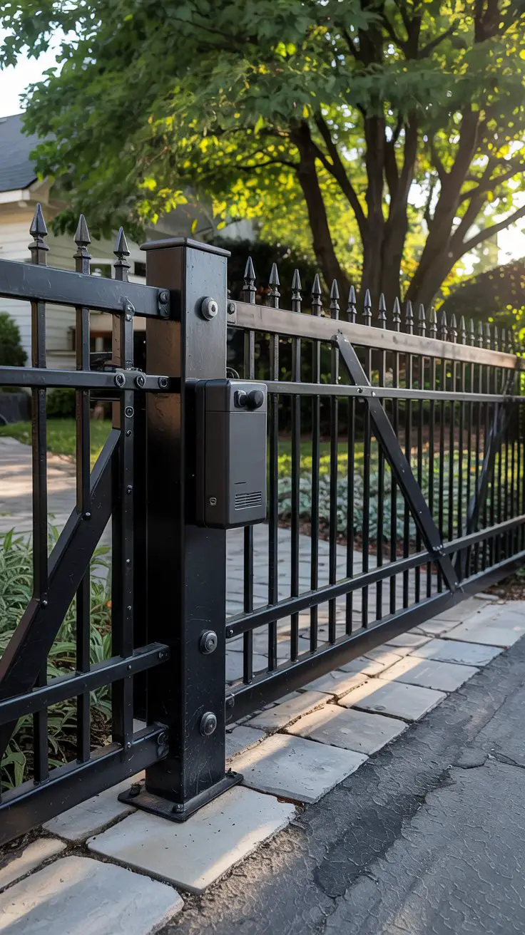 A sleek automatic steel gate opens with a remote control
