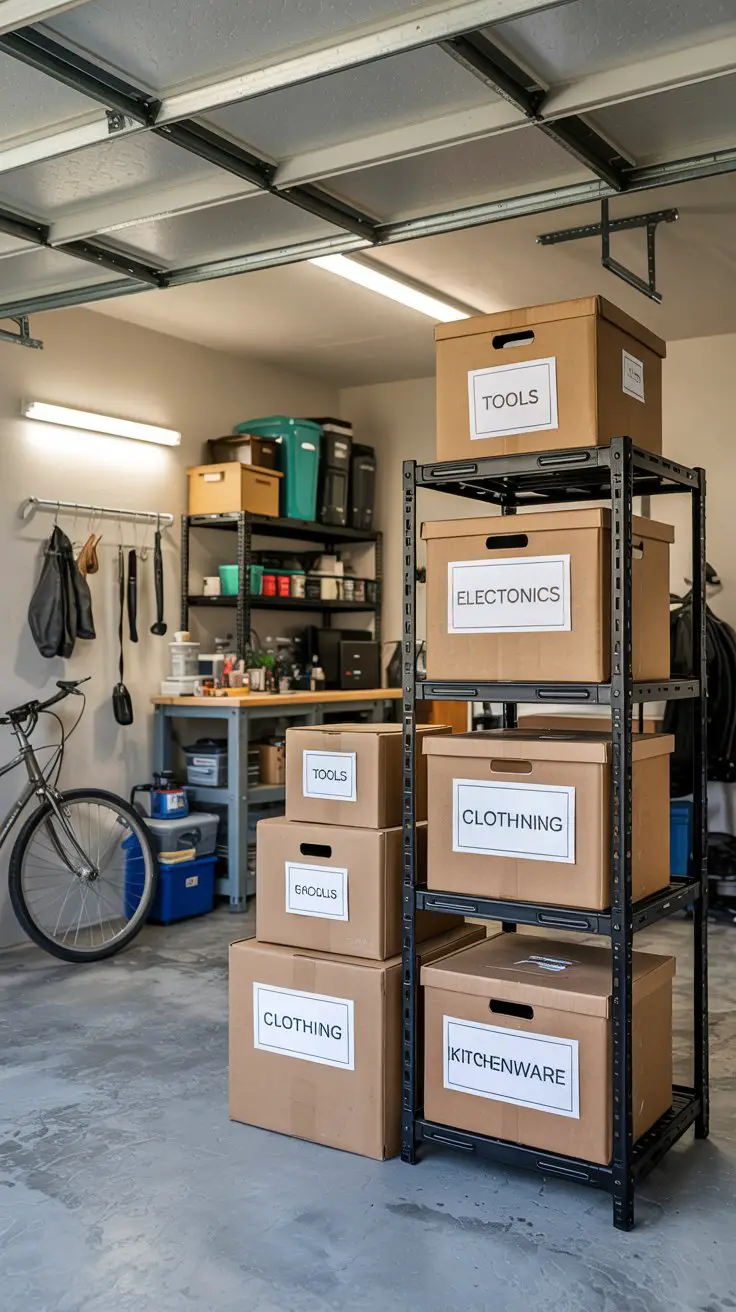 A small garage with neatly labeled storage containers, maximizing space