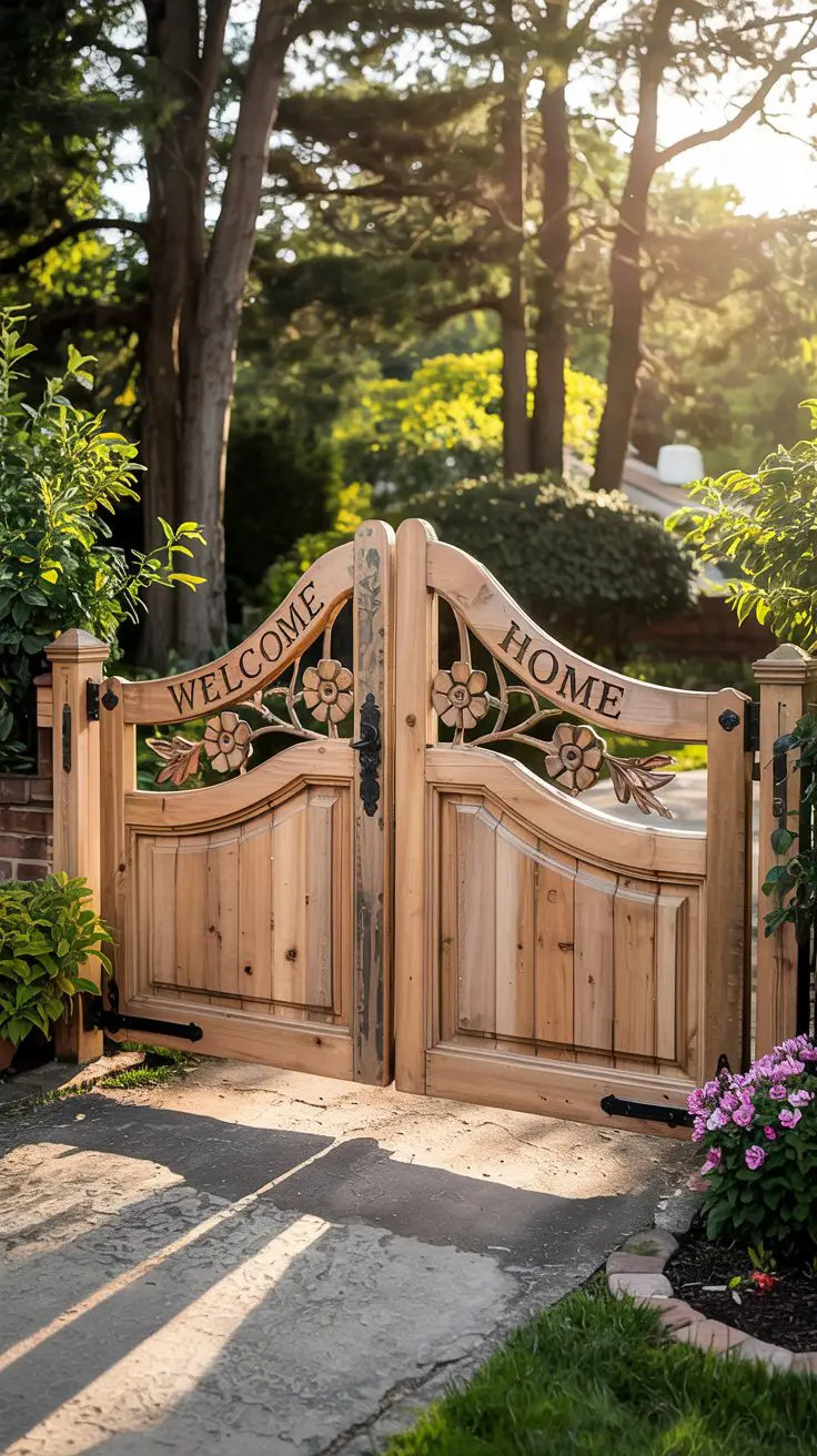 A classic wooden swing gate with intricate carved details stands in front of a stylish garage entryway