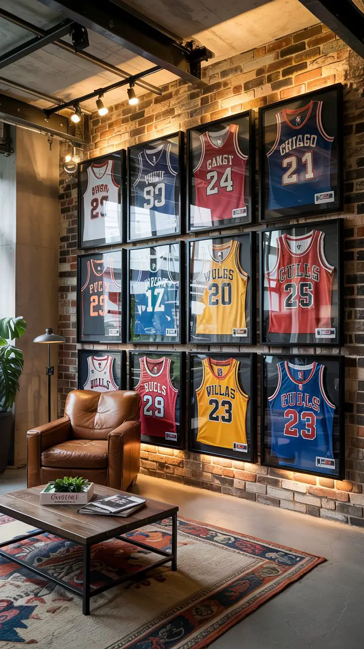 Vintage sports jerseys hang in glass frames on the walls of a garage man cave