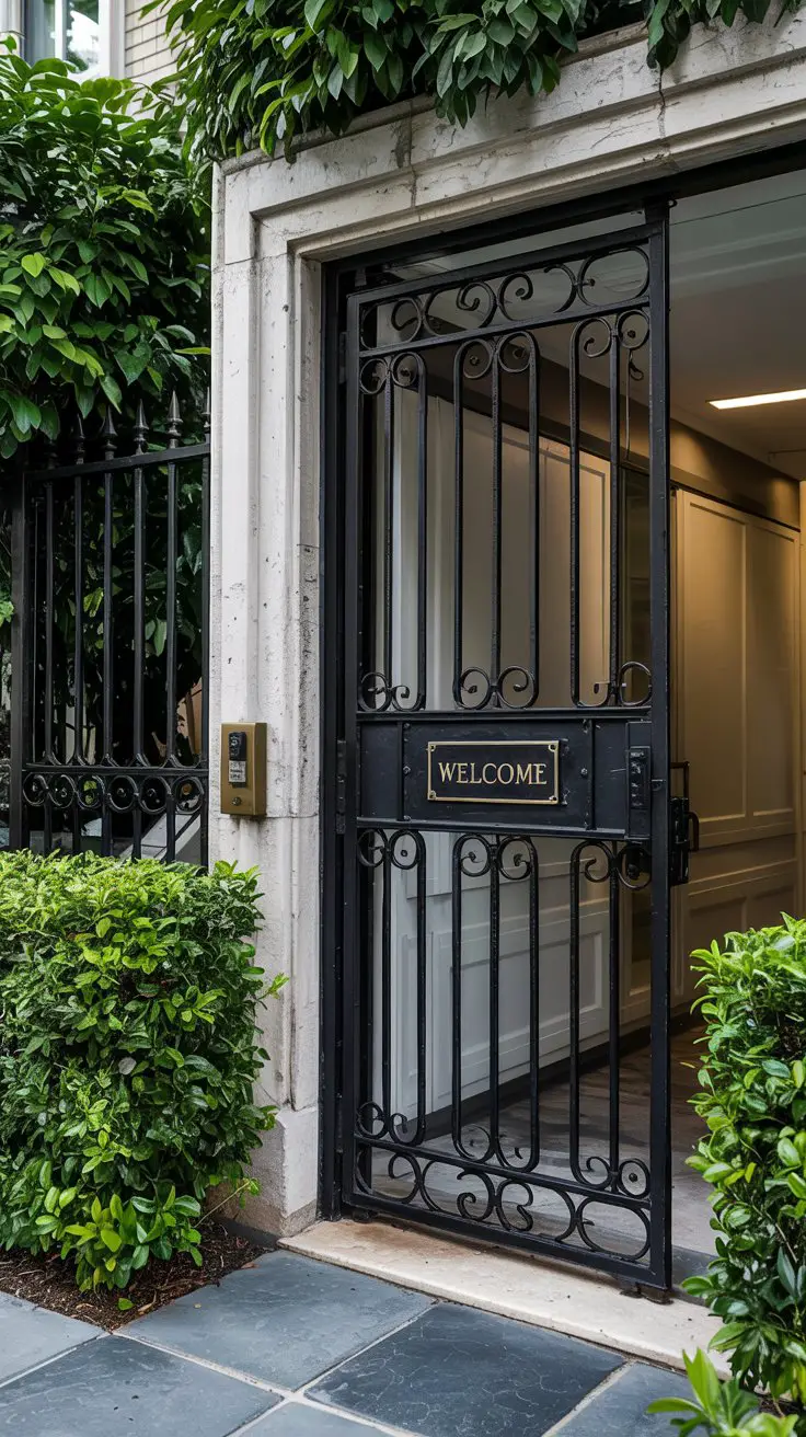 A wrought iron sliding gate with a keypad security entry,