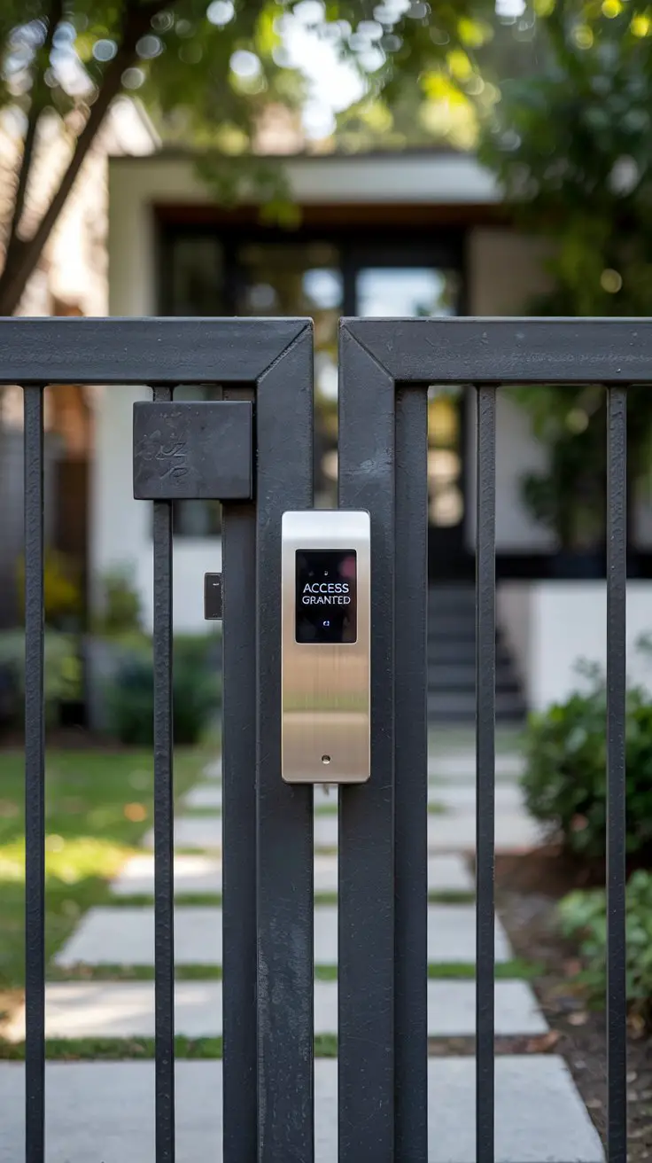 A modern garage gate with integrated smart lock system,