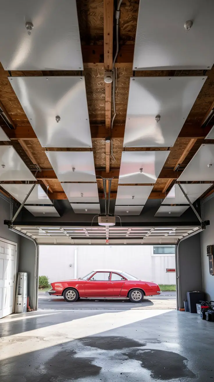 A garage with a drop ceiling hiding wires and pipes, showcasing 22 creative designs for a polished finish