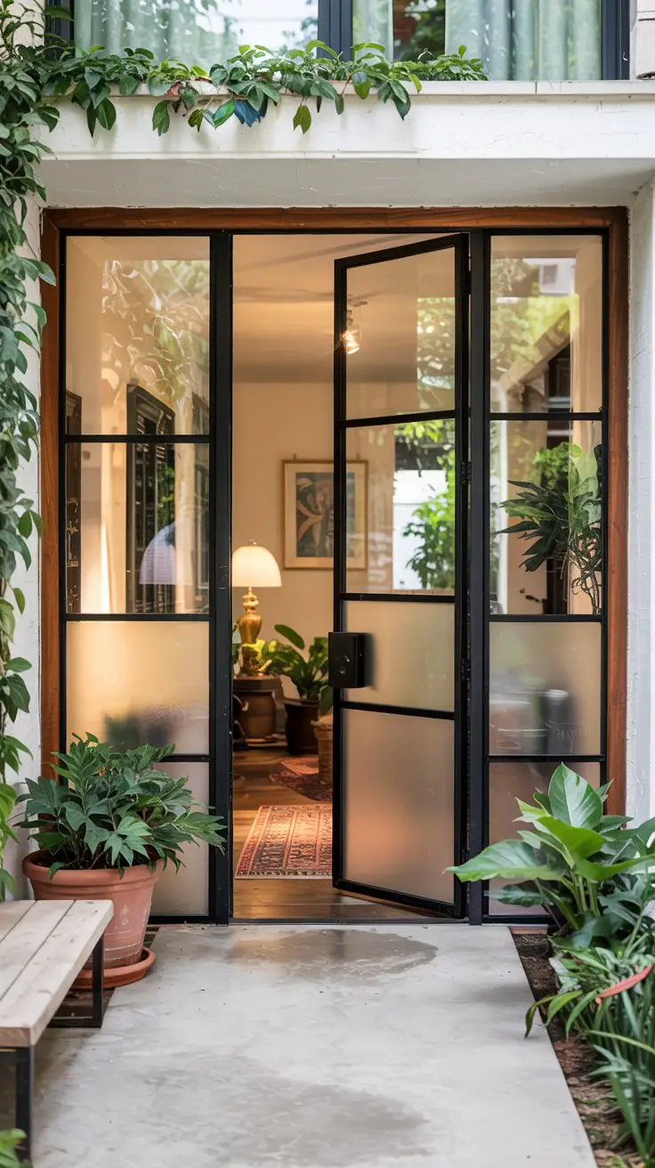 A frosted glass and wood frame gate