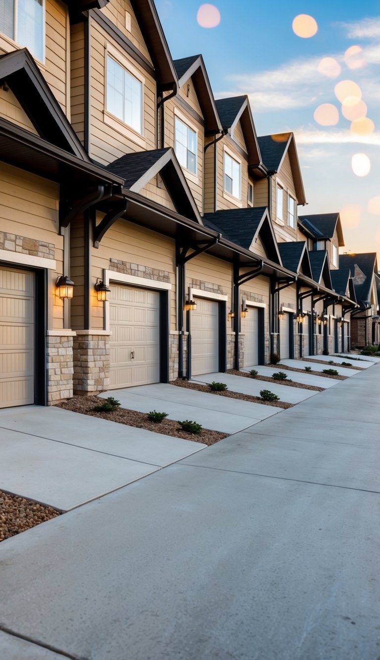 A row of 21 houses with integrated front entry garages and stone accents, creating a cohesive and visually appealing streetscape