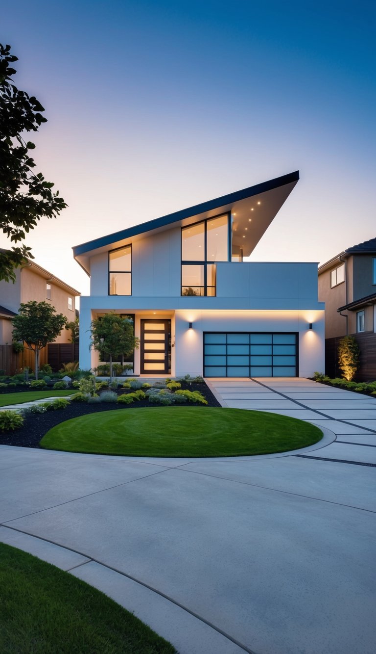 A sleek, modern house with an angled front garage, surrounded by landscaped gardens and a winding driveway for maximum curb appeal
