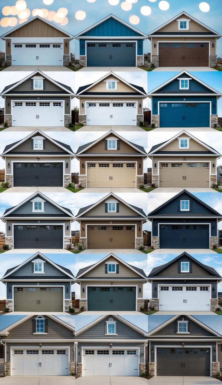 A row of garage doors in various house color tones, set against a backdrop of 21 different front garage designs for maximum curb appeal