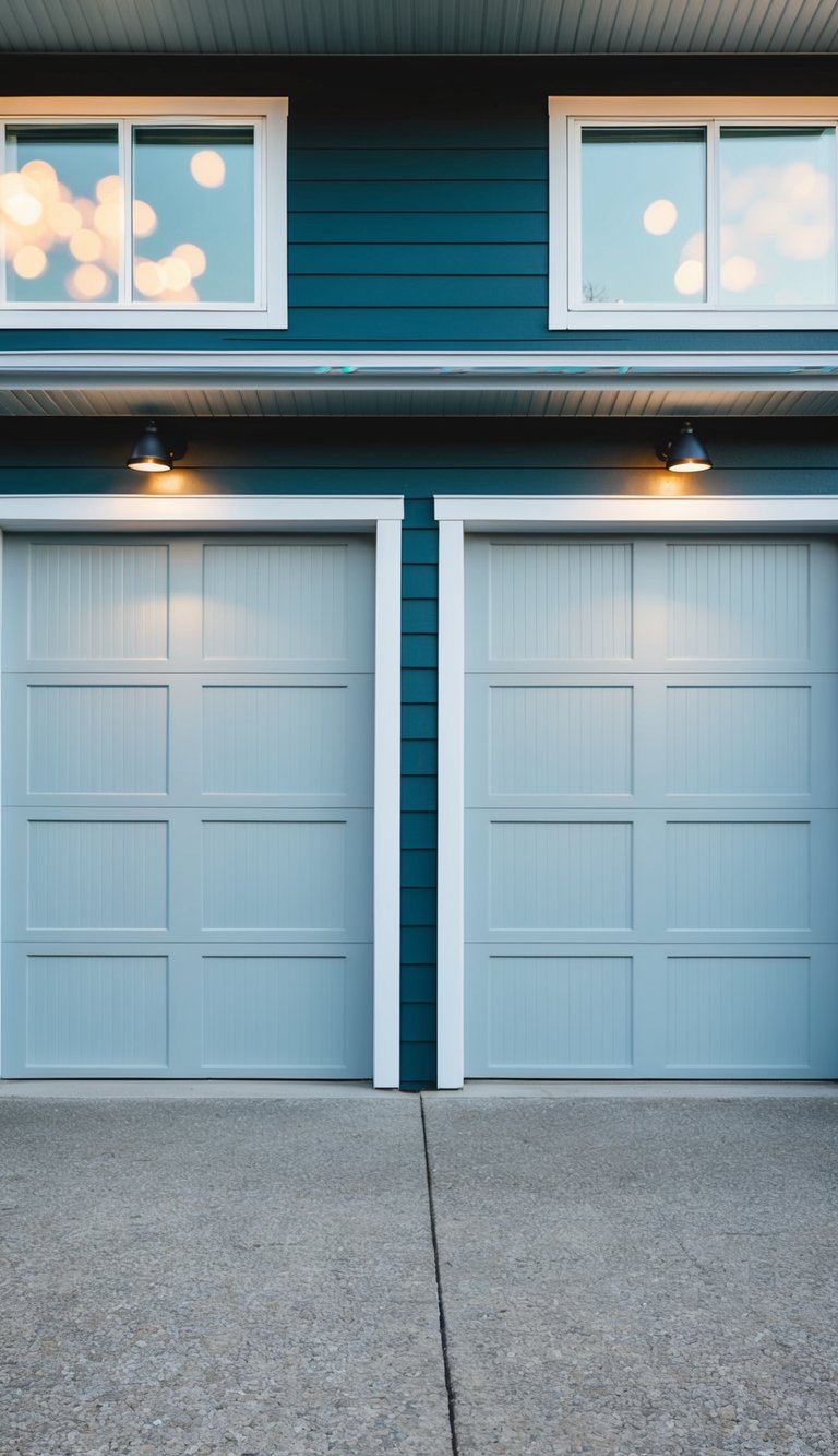Two symmetrical garage doors flanked by windows, set against a modern house with a front garage