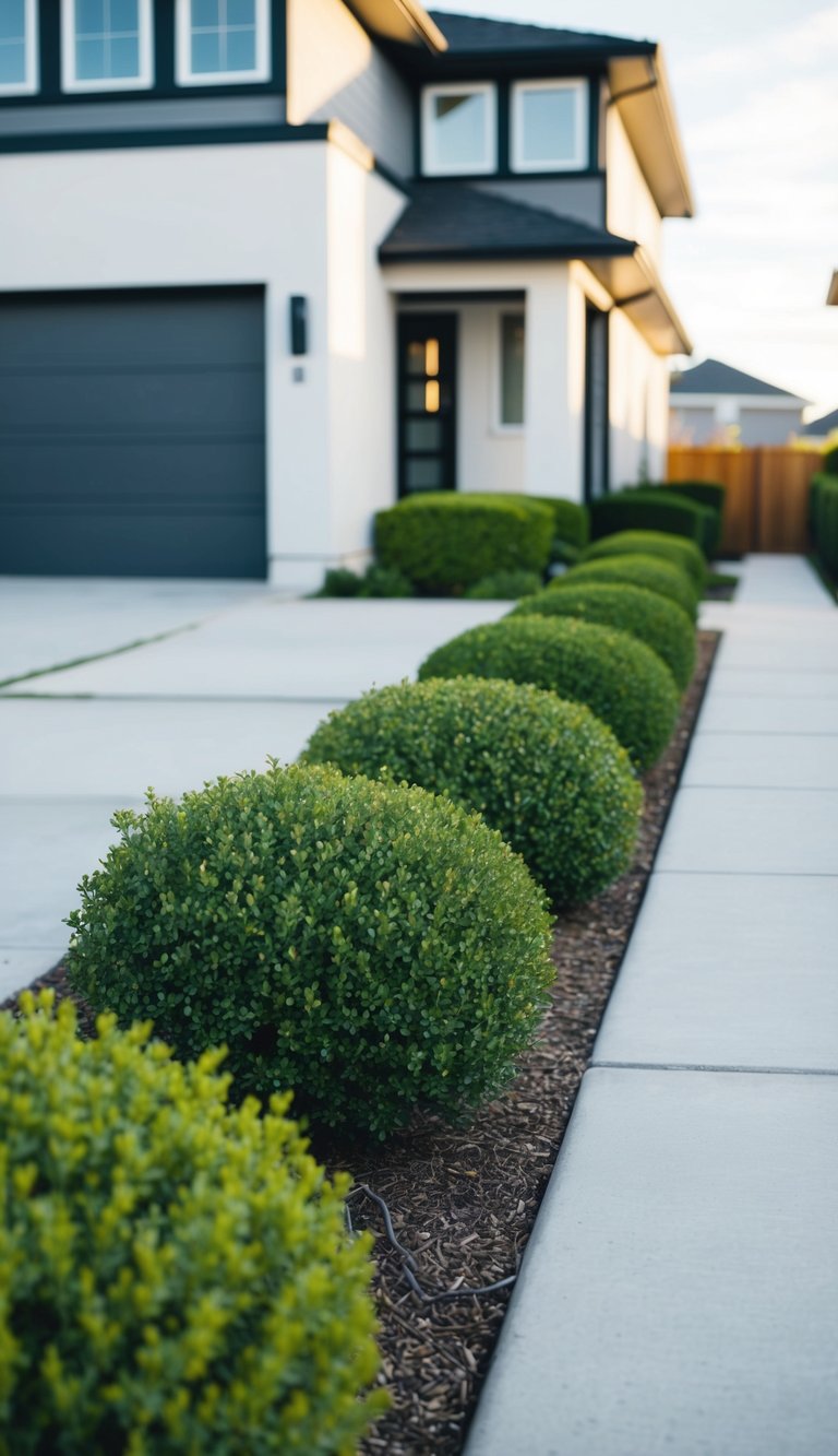 Low shrubs line the driveway of a modern house with a front garage, creating a clean and inviting curb appeal