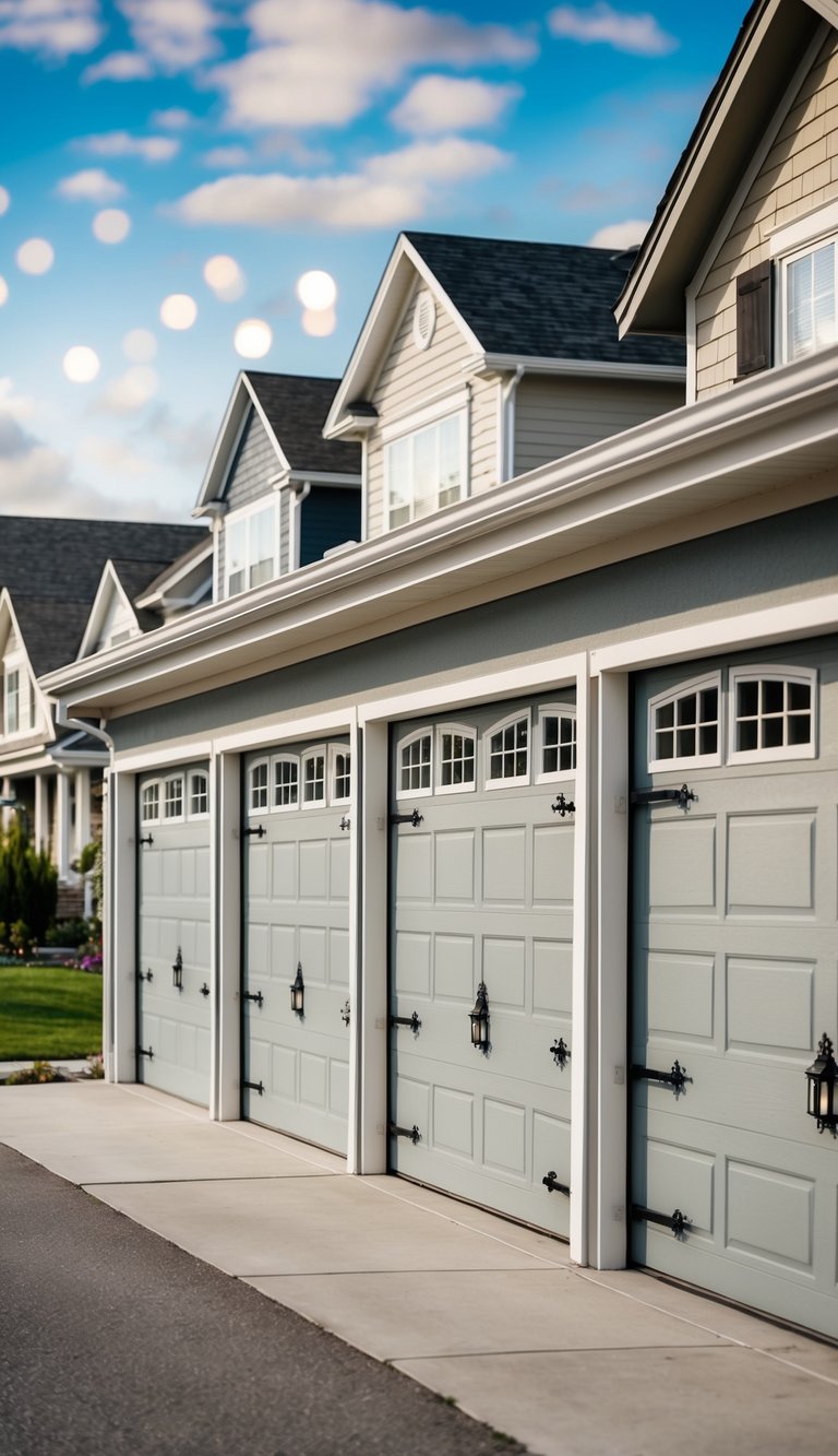 A row of front-facing garages with decorative hardware, set against a backdrop of various house designs for maximum curb appeal