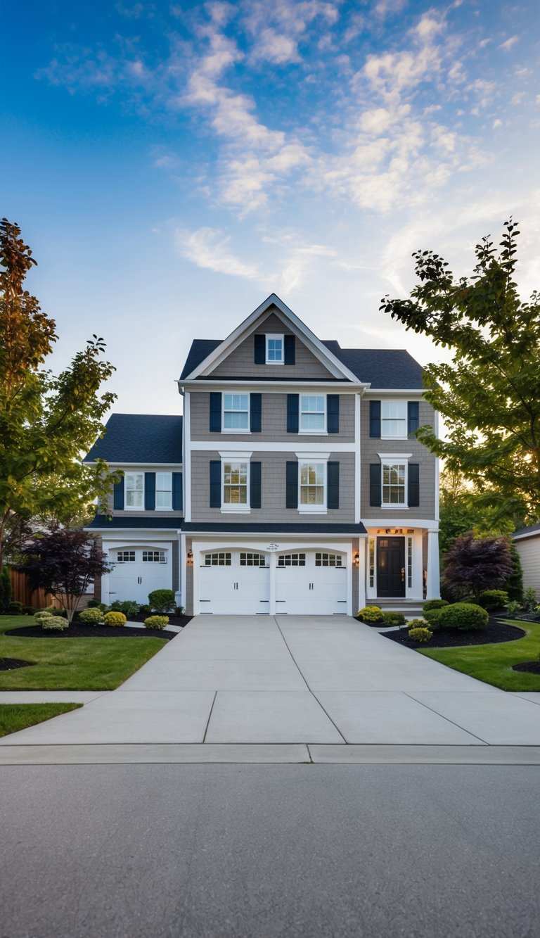Two-story house with carriage-style garage doors, surrounded by landscaping and a front driveway