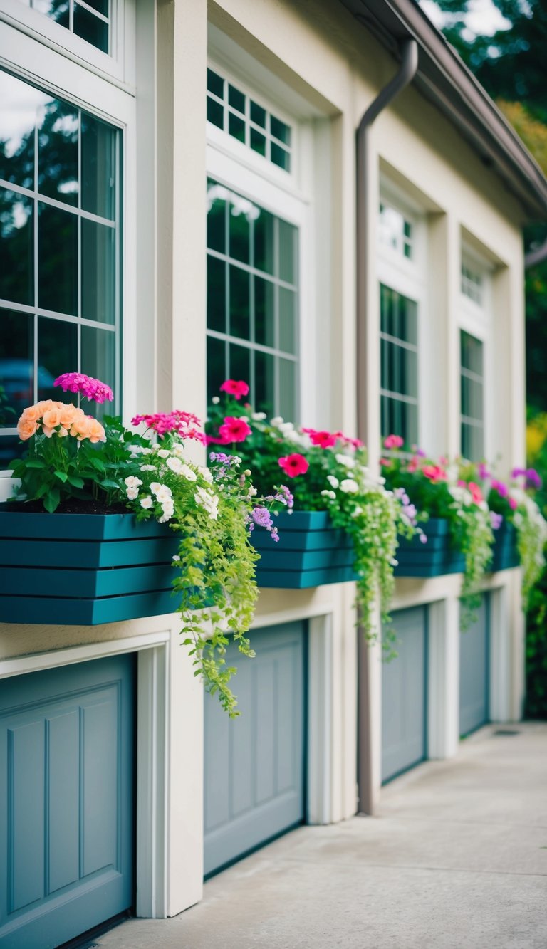 Planter boxes line the base of garage windows, filled with vibrant flowers and greenery, adding a touch of charm to the front of the house