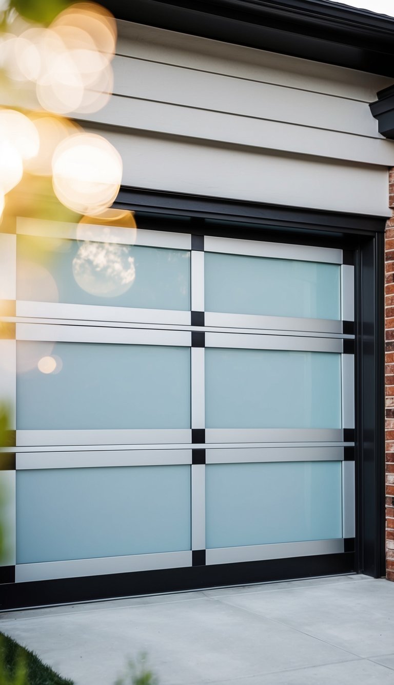 The garage doors feature frosted glass inserts, adding a modern touch to the front of the house