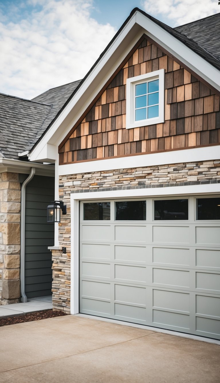 A garage facade with a mix of siding materials, including wood, stone, and brick. The design has a modern yet rustic feel, with clean lines and contrasting textures