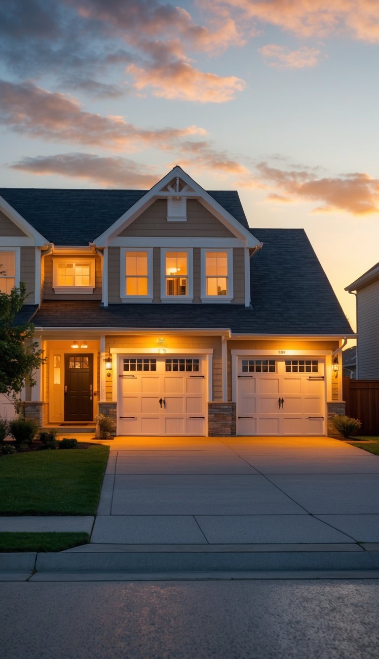 The evening sun casts a warm glow on the front of the house, illuminating the garage doors and architectural features