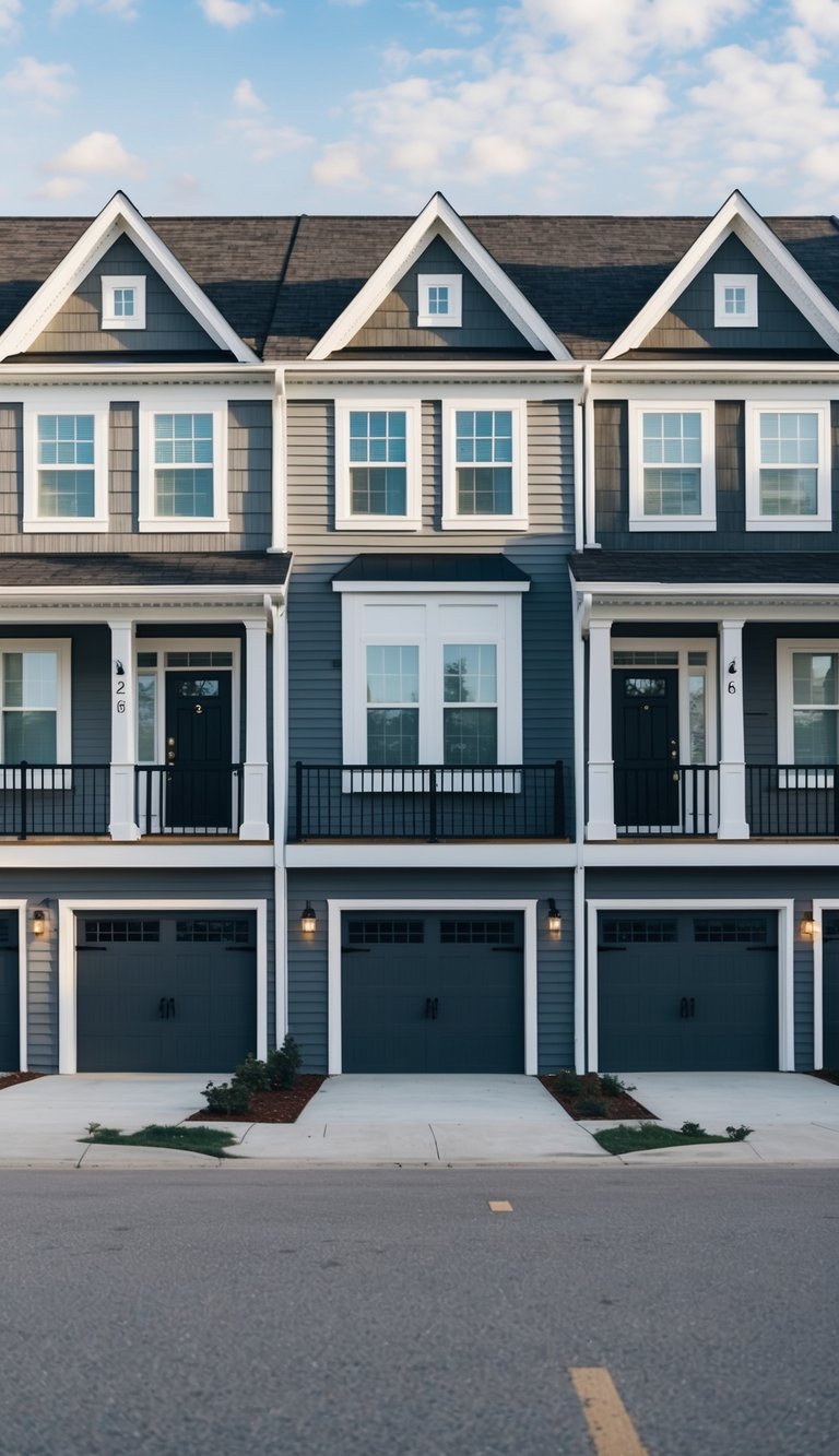 A row of 21 houses with front garages, each with rooflines matching the main house, creating a cohesive and appealing streetscape