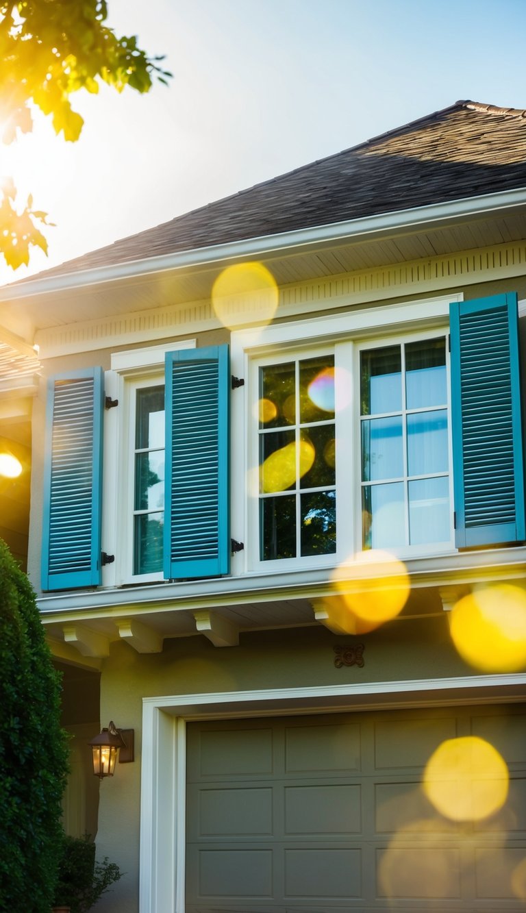 Sunlight streams through open shutters on windows near a front garage, highlighting the architectural details of the house