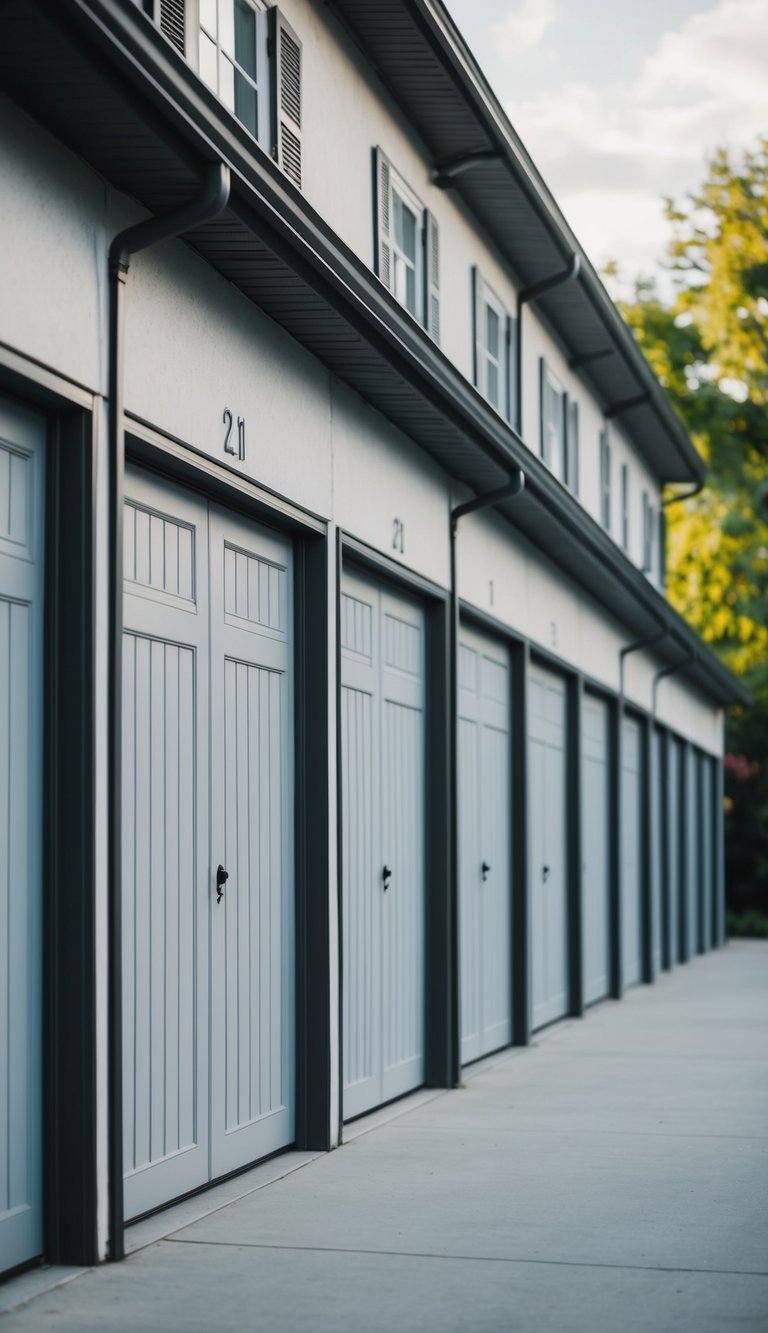 A row of 21 front garages with vertical panel design doors