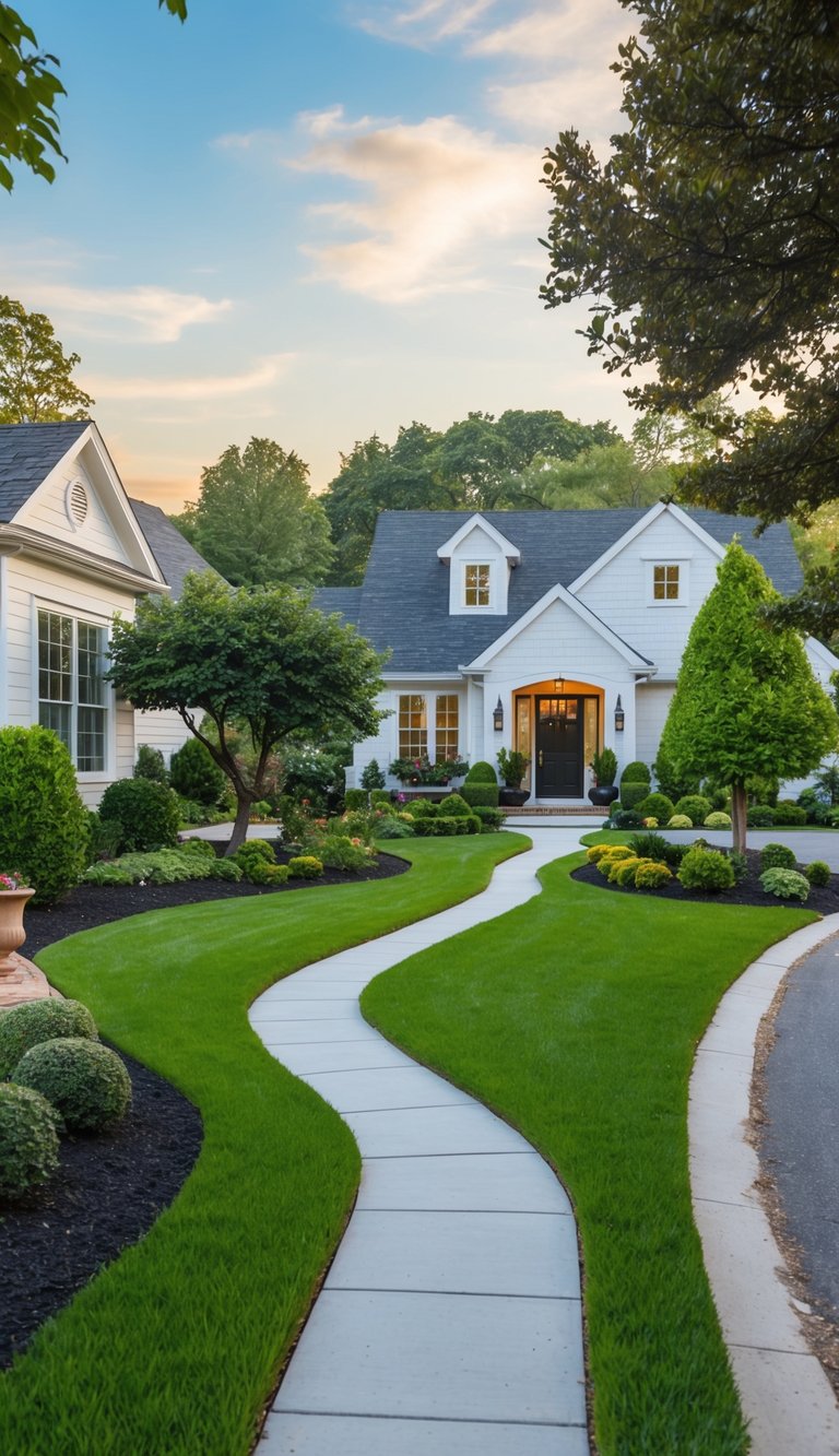 A winding path leads from a detached garage to a front door, surrounded by manicured landscaping and a variety of architectural styles