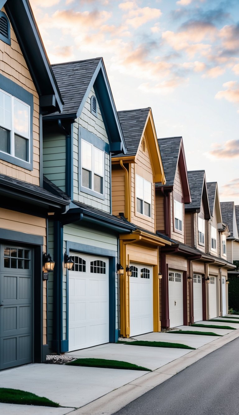 A row of 21 houses with front garages, each featuring a unique garage door color that contrasts with the trim, creating depth and maximizing curb appeal