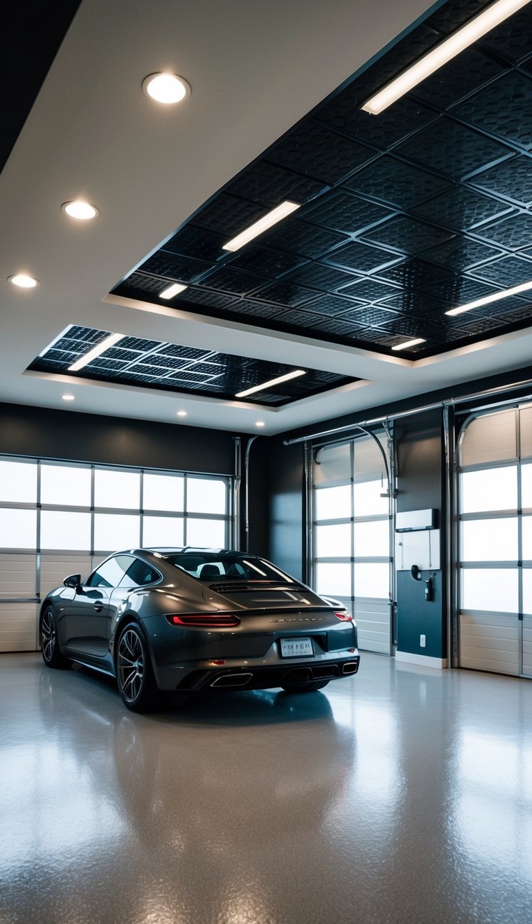 A spacious garage with sleek, polished ceiling designs, including recessed lighting, geometric patterns, and metallic finishes