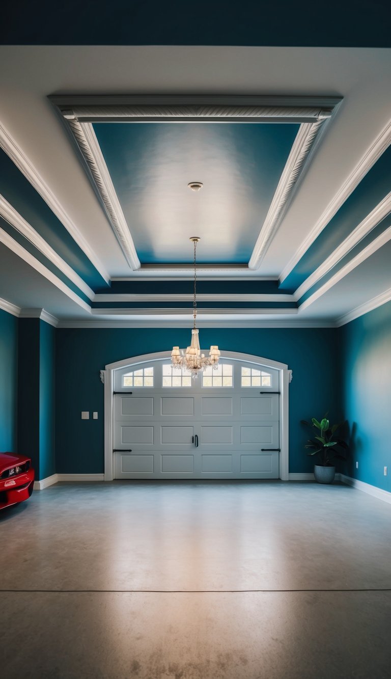 A garage with a classical pop false ceiling featuring elegant moldings for a polished finish