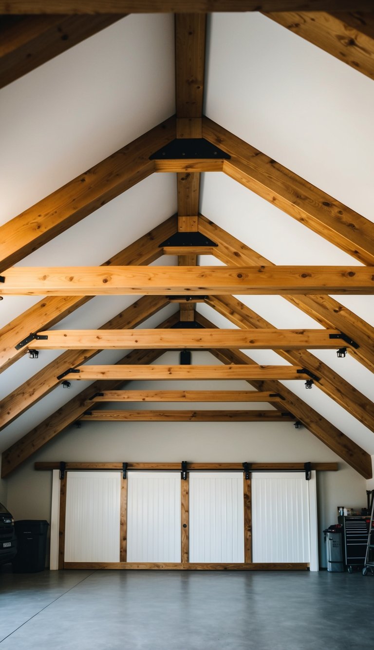 Wooden beams crisscross the garage ceiling, adding rustic charm. The design exudes creativity and polished finish
