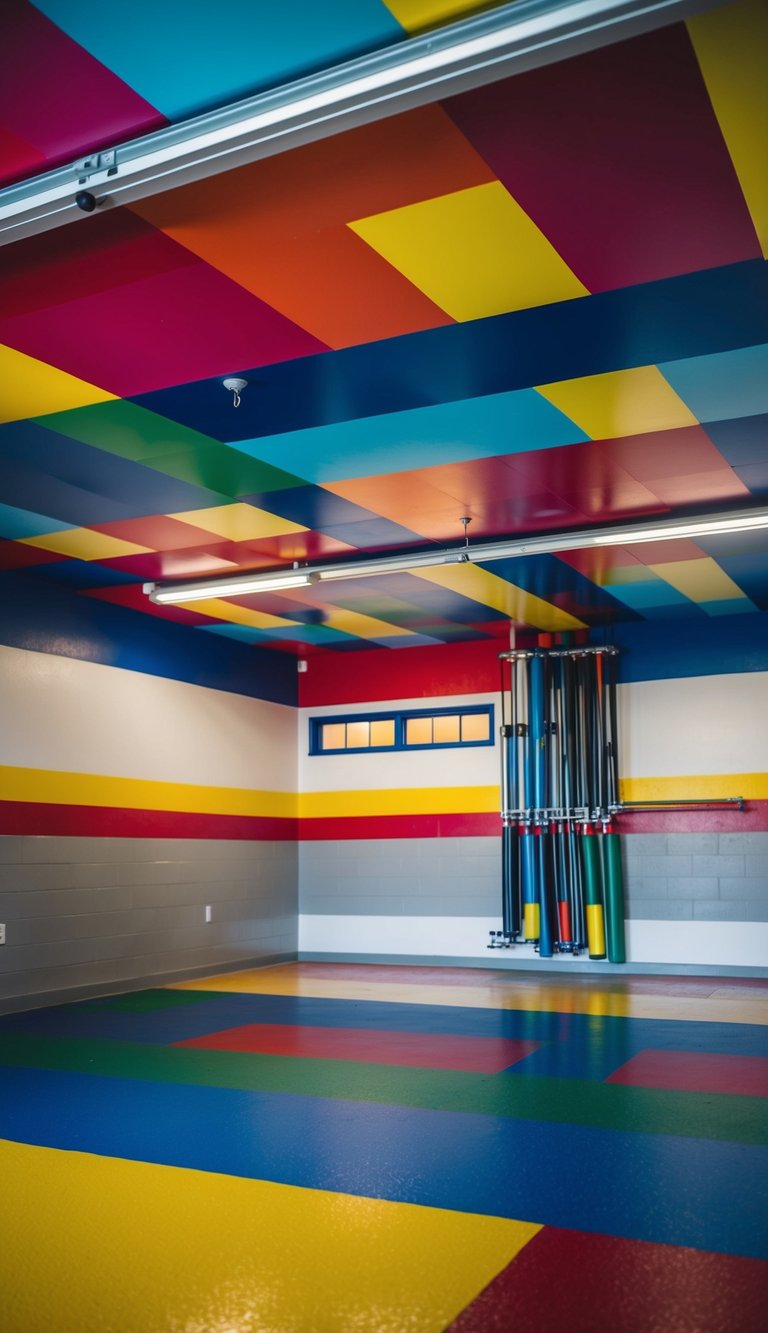 Vibrant colors cover the garage ceiling in a bold and creative design, adding a polished finish to the space