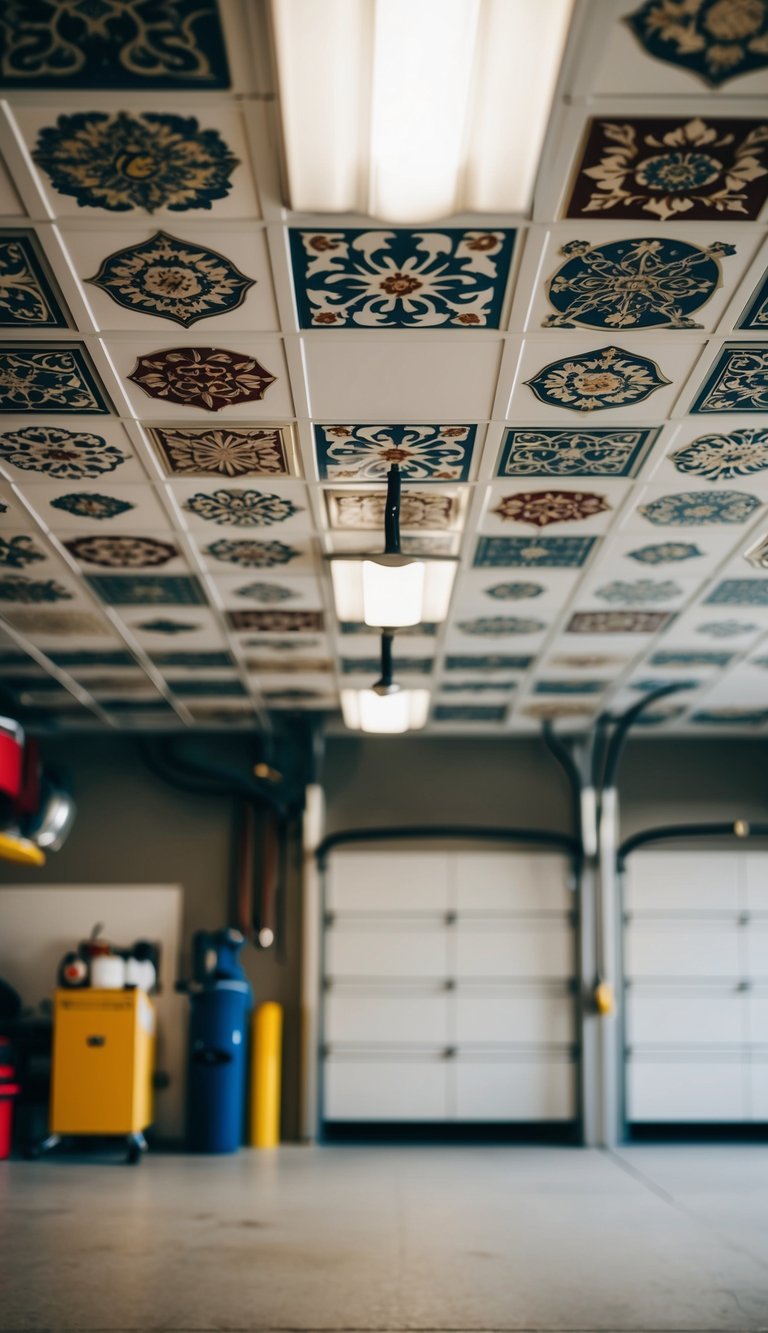 A garage with decorative ceiling tiles featuring various intricate patterns for a polished finish