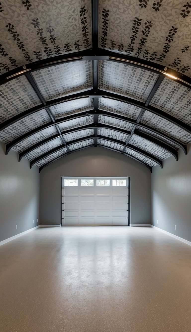 A spacious garage with a vaulted ceiling design featuring 22 creative patterns for a polished finish