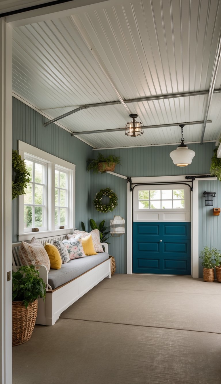 A cozy garage with beadboard ceiling panels and creative designs for a polished finish, evoking a cottage feel