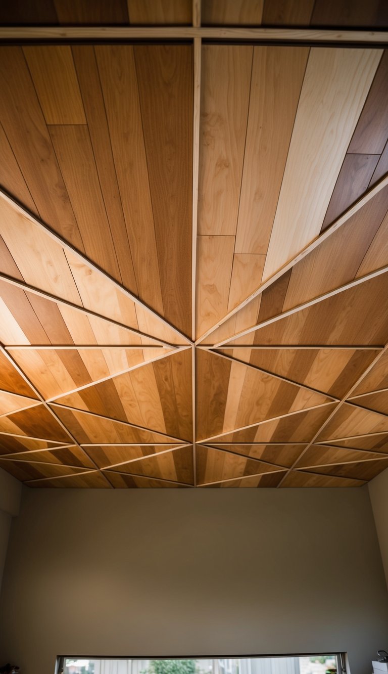 Stained plywood panels arranged in a geometric pattern on a garage ceiling, creating a warm and polished finish