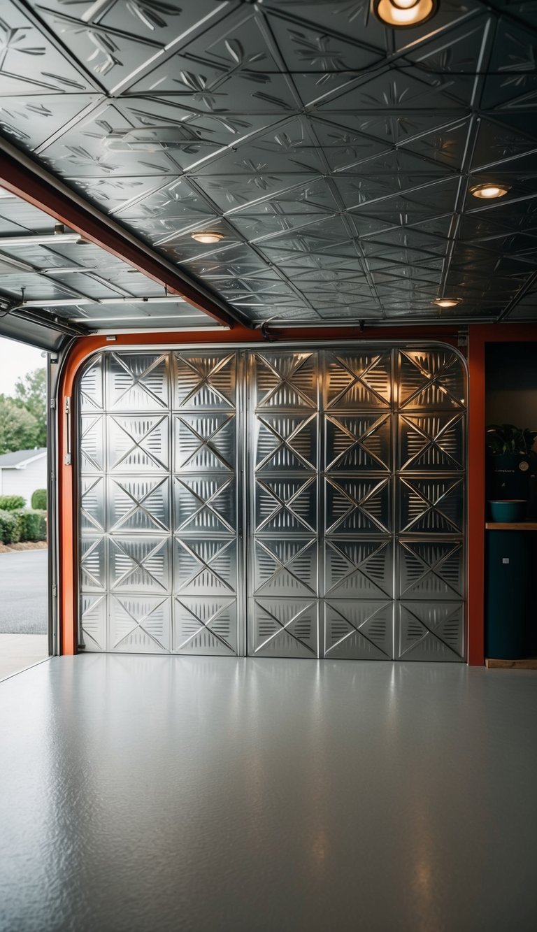 Vintage tin ceiling tiles arranged in a geometric pattern with polished finish in a creative garage design