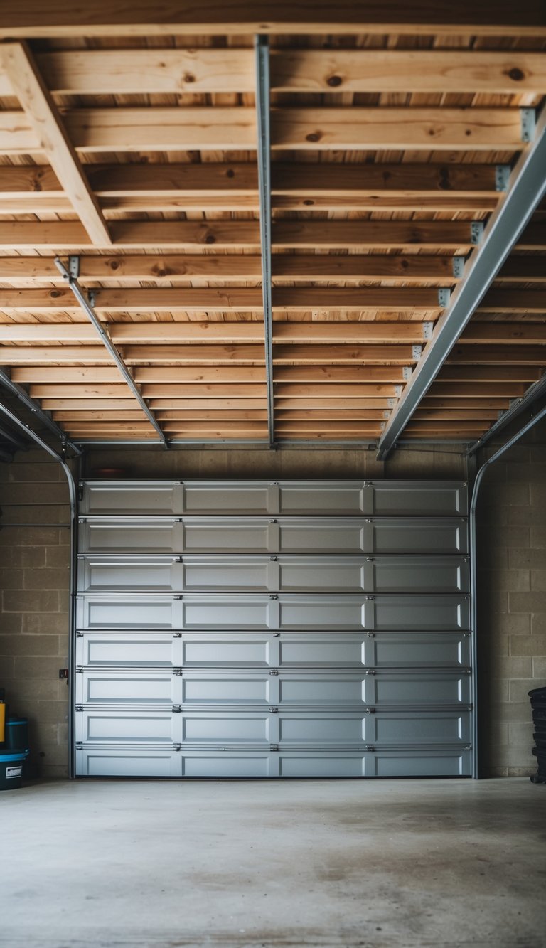 A garage with a wood slat ceiling, creating texture and depth