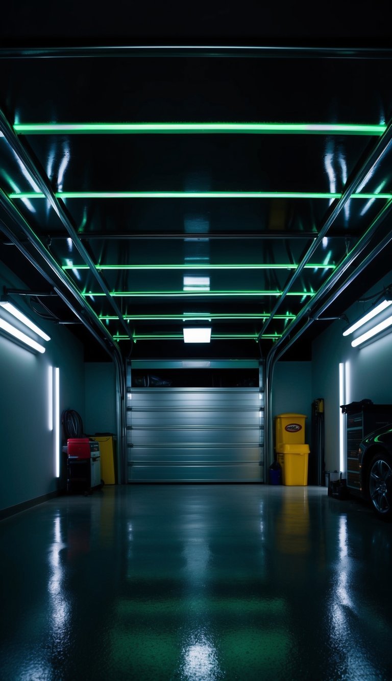 A dark garage with a polished ceiling illuminated by glow-in-the-dark paint, creating a mesmerizing nighttime atmosphere