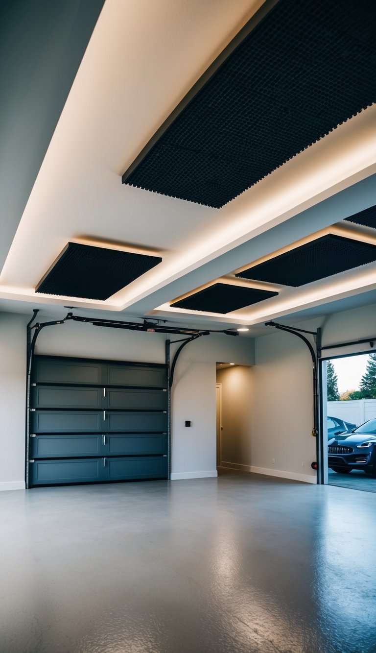 A garage with acoustic ceiling panels, sleek lighting, and creative designs for noise reduction
