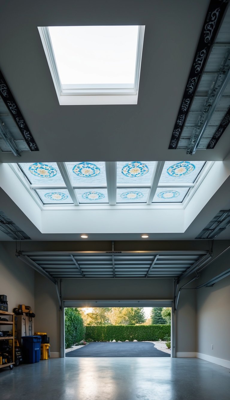 A garage with a skylight installation, allowing natural light to flood the space. The ceiling features 22 creative designs for a polished finish