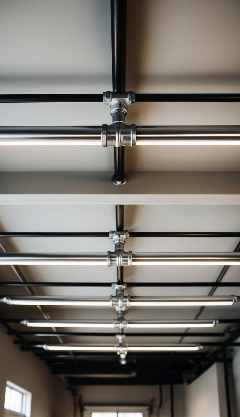 A garage ceiling with industrial pipe fixtures for a polished, edgy look