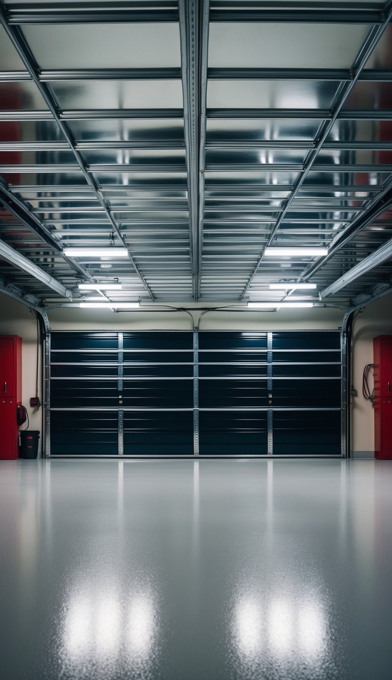 A metal grid ceiling with hanging storage in a polished garage