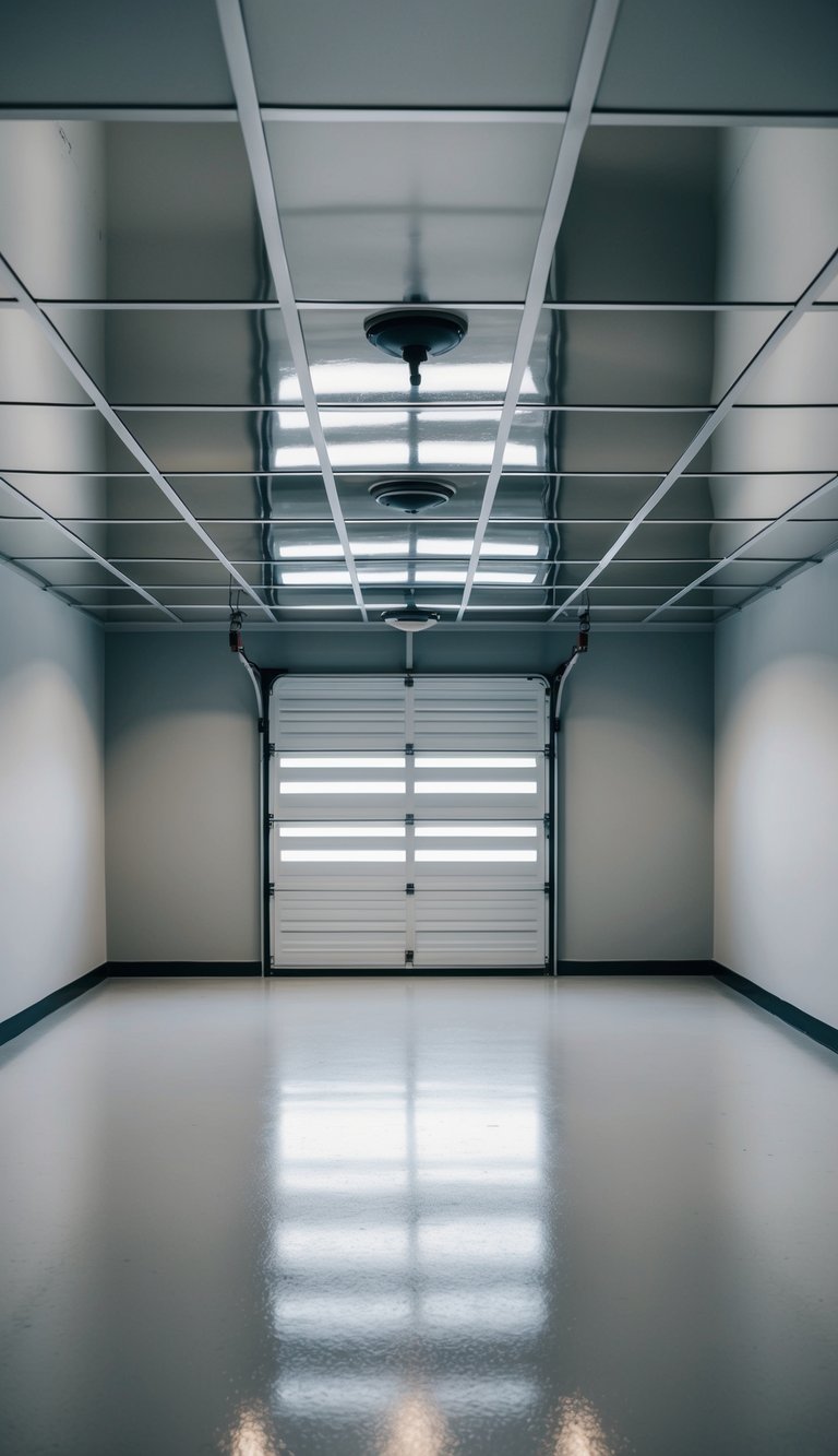A garage with mirrored ceiling tiles reflecting the space, creating an illusion of depth and a polished finish