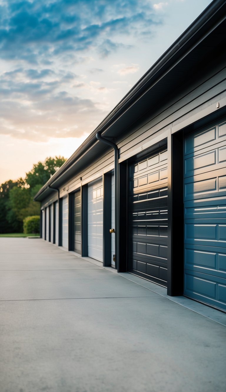 A row of 23 unique garage gates, each showcasing a different design for a secure and stylish entryway