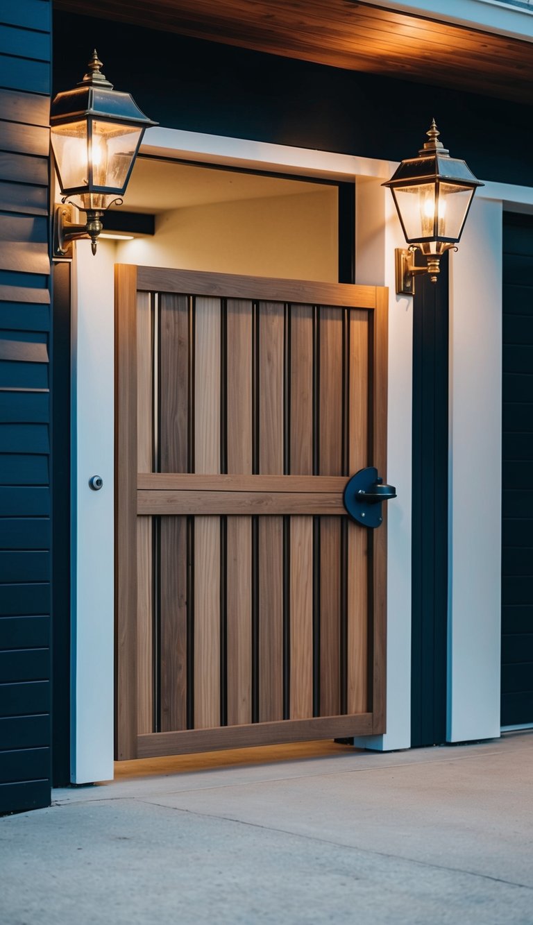 A modern wood panel swing gate with vintage lamp accents stands in front of a stylish garage entry