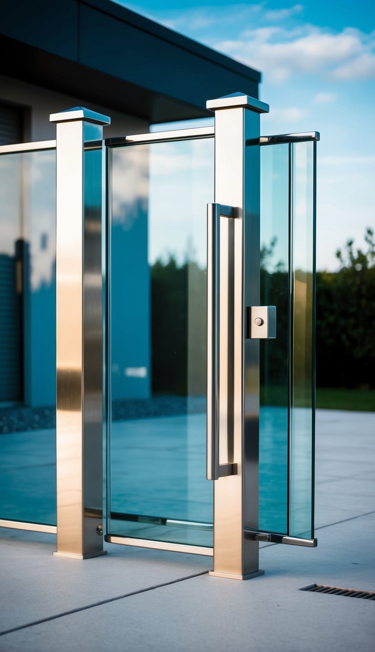 A modern glass driveway gate stands tall, reflecting the sleek design of the surrounding architecture. The gate exudes security and style, with clean lines and a polished finish