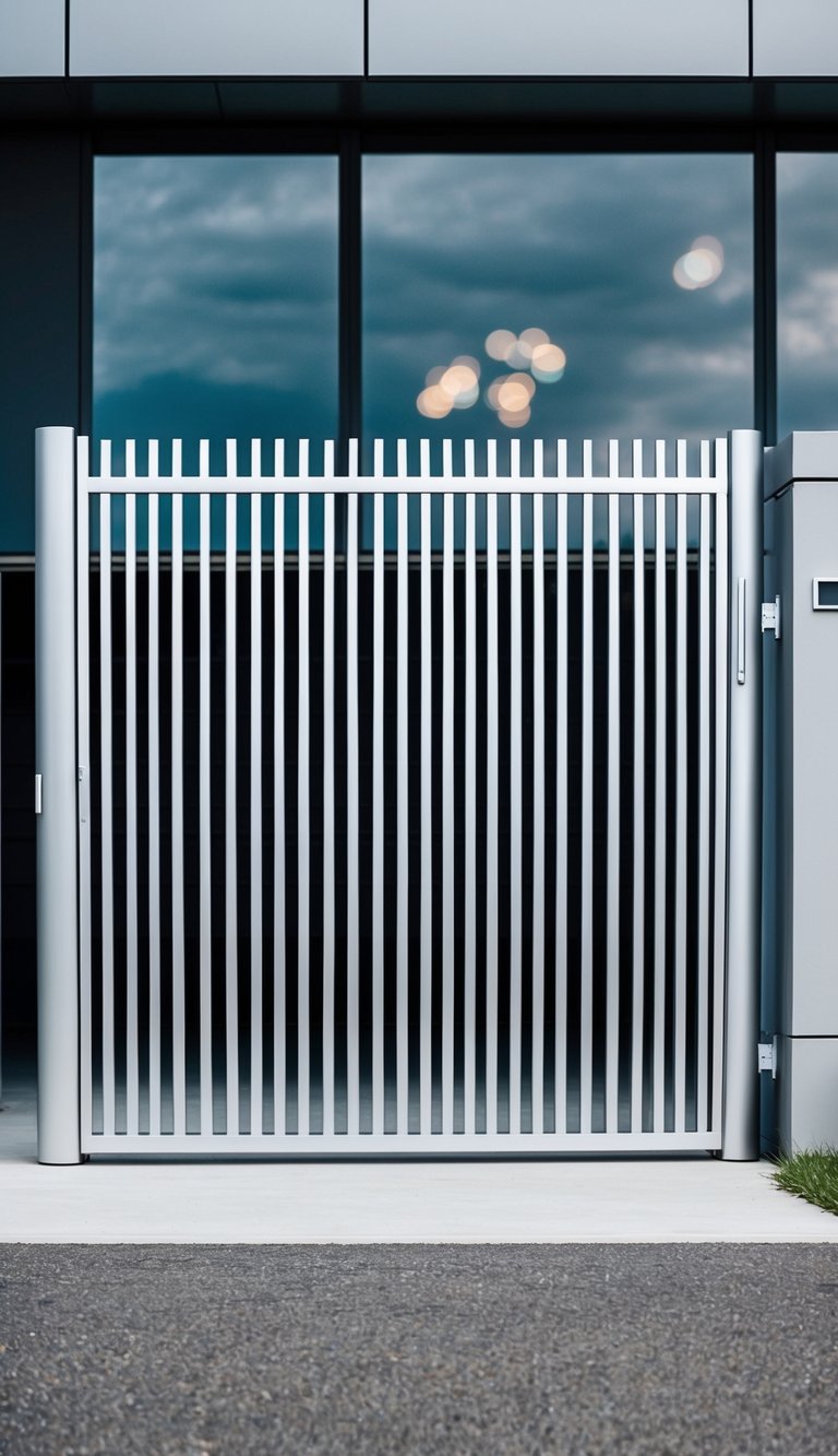 A sleek aluminum gate with vertical slats stands in front of a modern garage, providing a secure and stylish entry