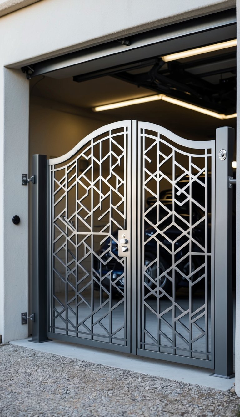 A laser-cut metal gate with intricate geometric patterns stands as the stylish and secure entry to a garage