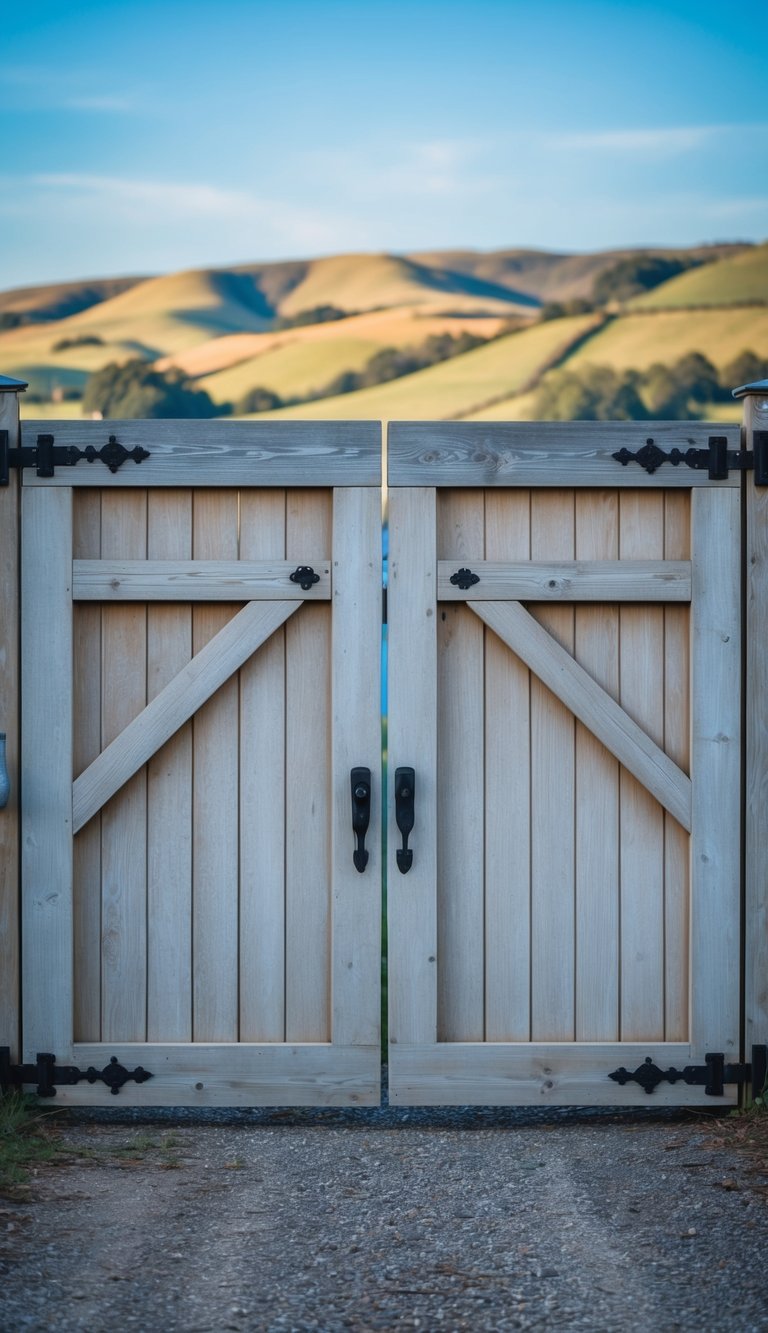 A weathered wooden garage gate with decorative metal hinges and hardware, set against a backdrop of rolling hills and a clear blue sky