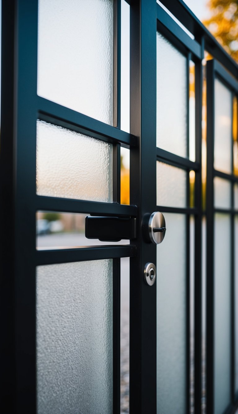 A black metal frame gate with frosted glass panels